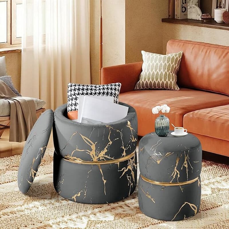 Ckaff Set mit 2 Hockern mit Stauraum, Hocker mit Stauraum, Make-up-Hocker, Pouf-Ottomane, Ottomane, runder Bouclé-Samtbezug-Fußhocker mit Stauraum
