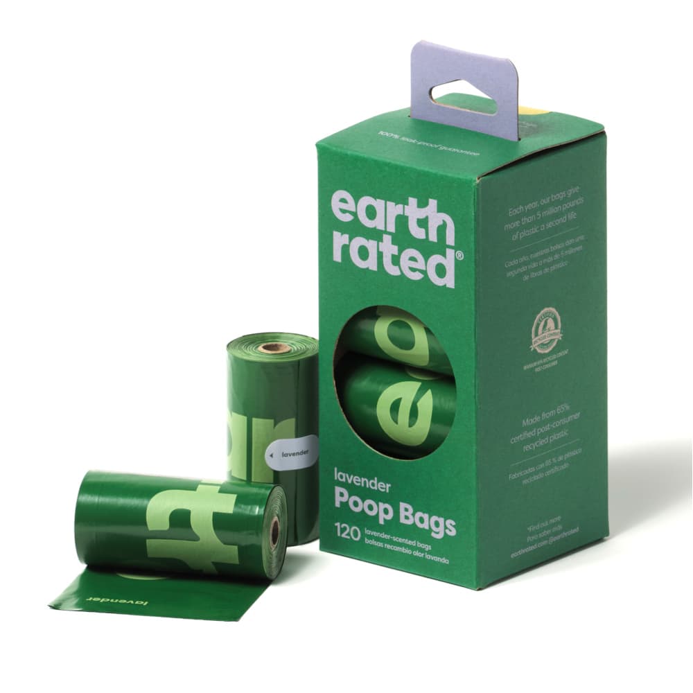 8 rouleaux de sacs à déjections canines d’Earth Rated parfum lavande, pour chien