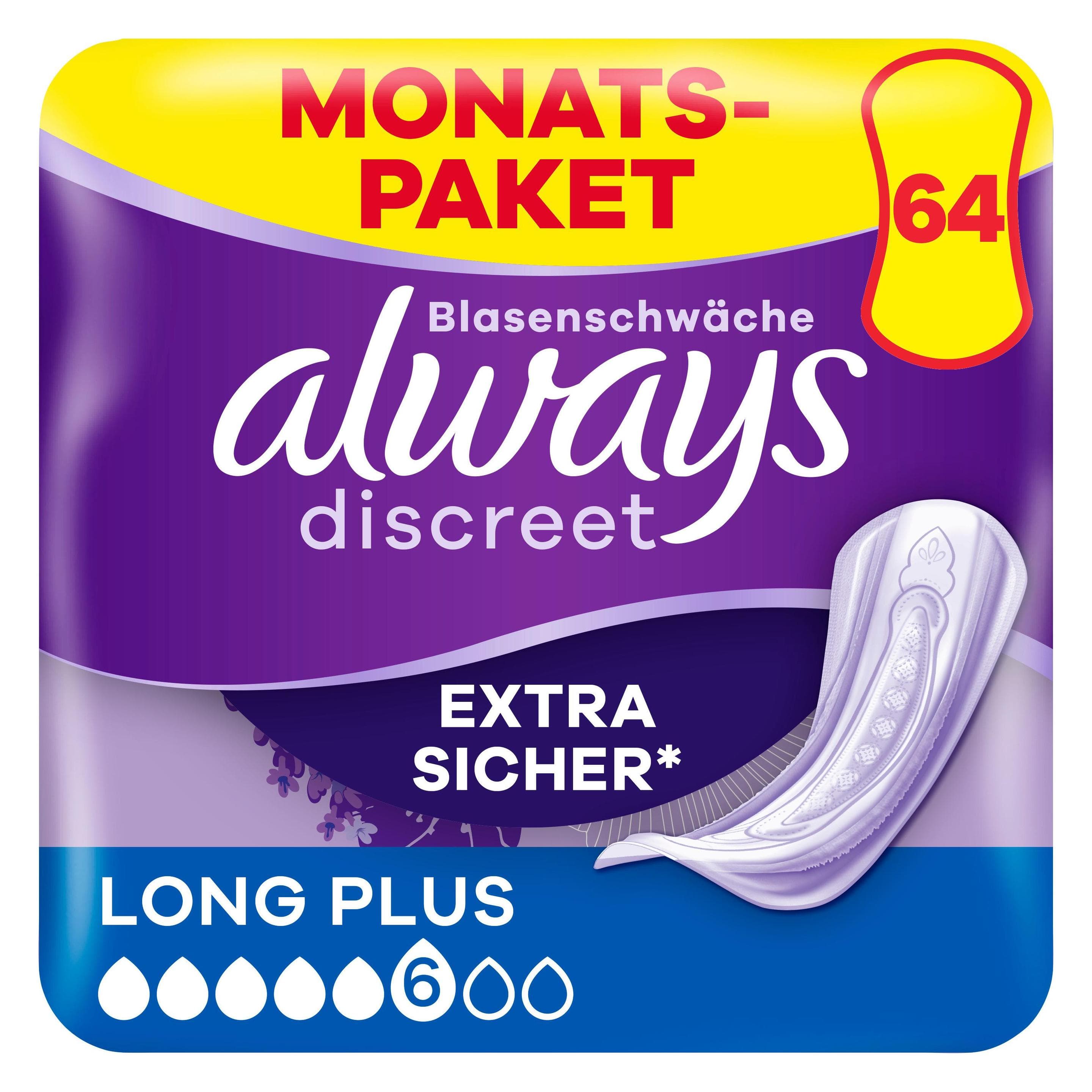 Always, Incontinentie hygiëne, Discreet Incontinentie Pads Plus Lang 64 stuks. (64x, Meer)