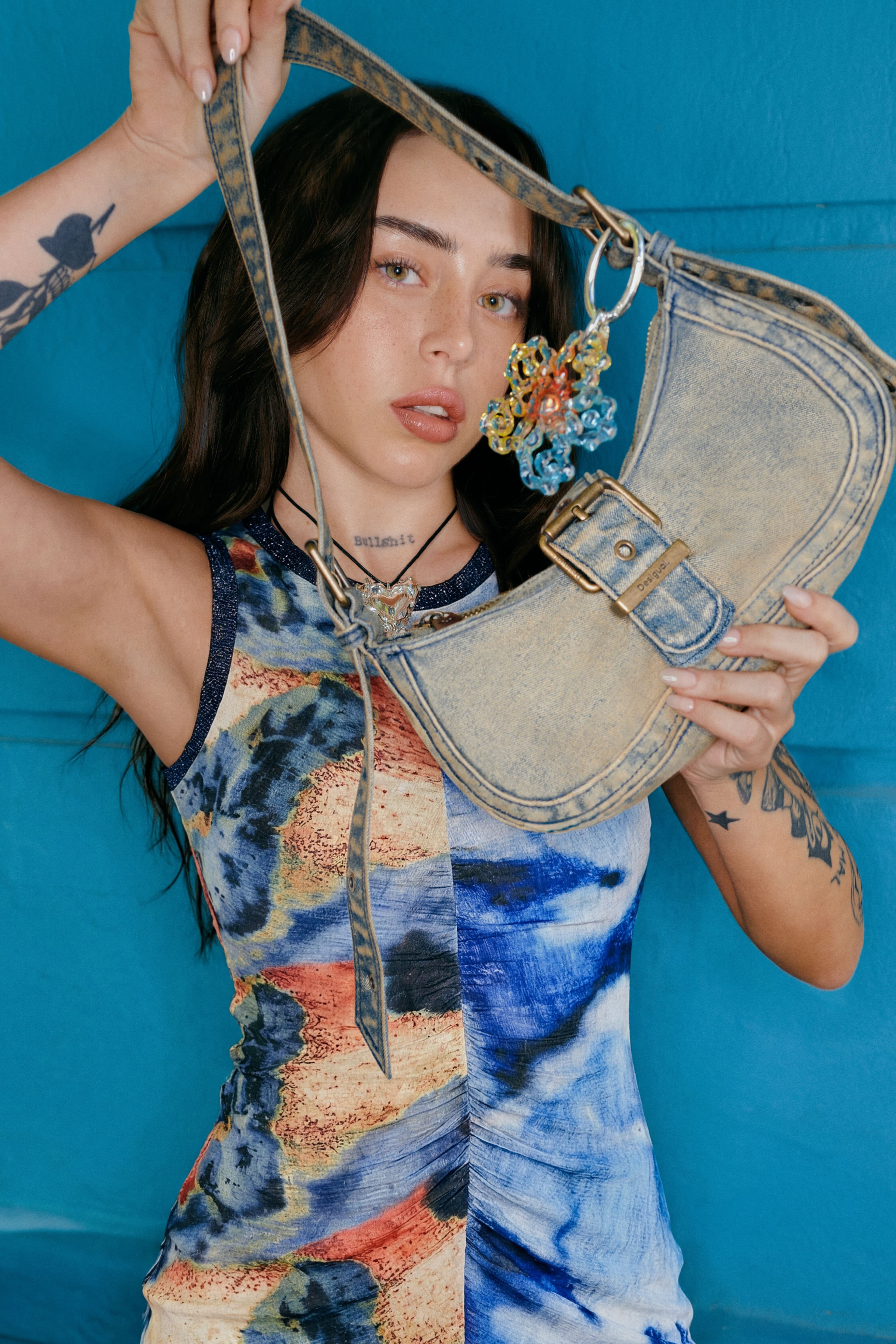 Desigual, geverfde denim tas, Groen, U